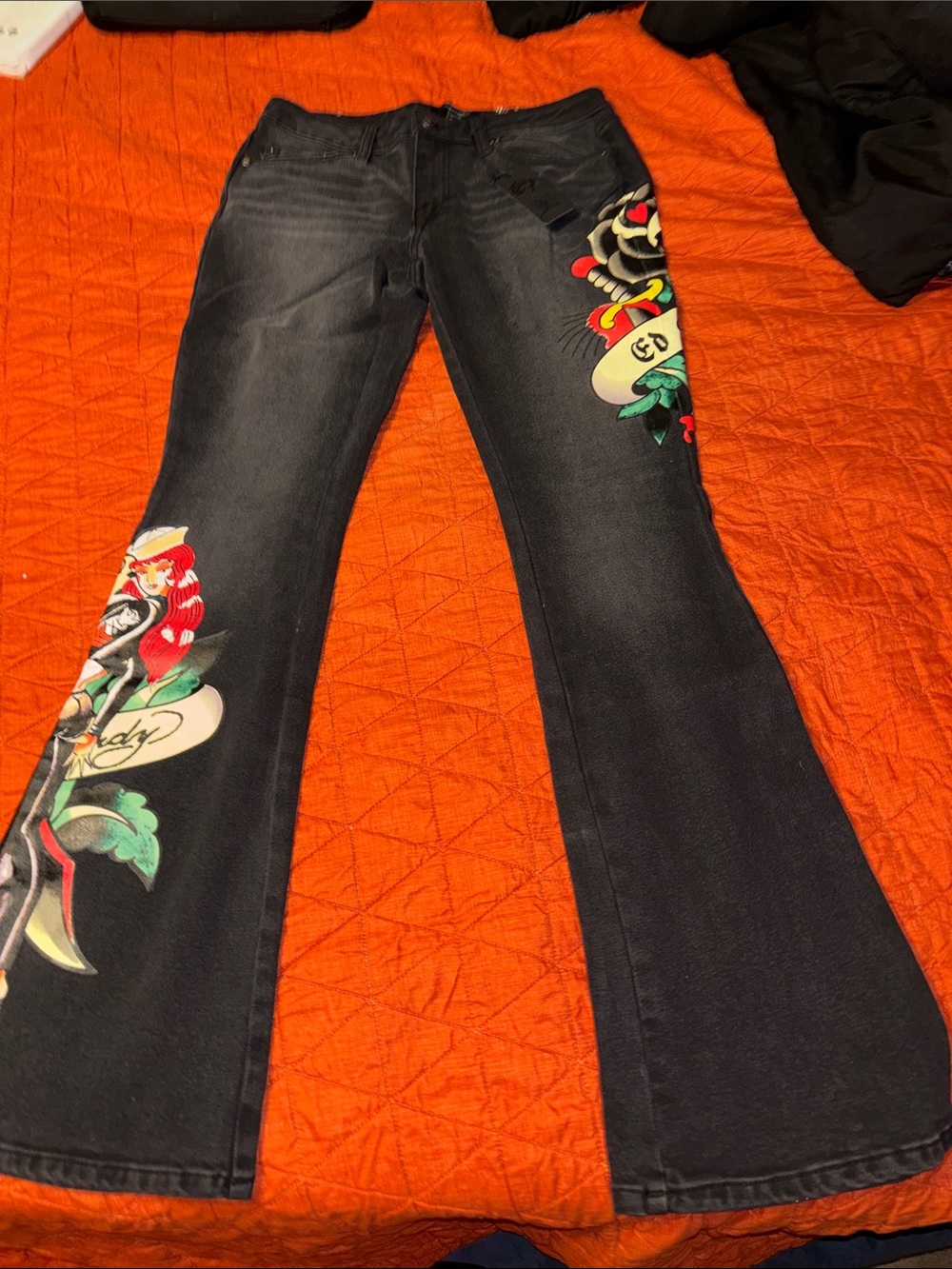 Ed Hardy Black Flare Jeans with Multicolor Tattoo Graphics